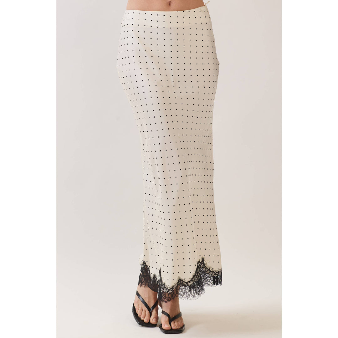 Polka Dot Satin Lace Trim Maxi Skirt in Off white