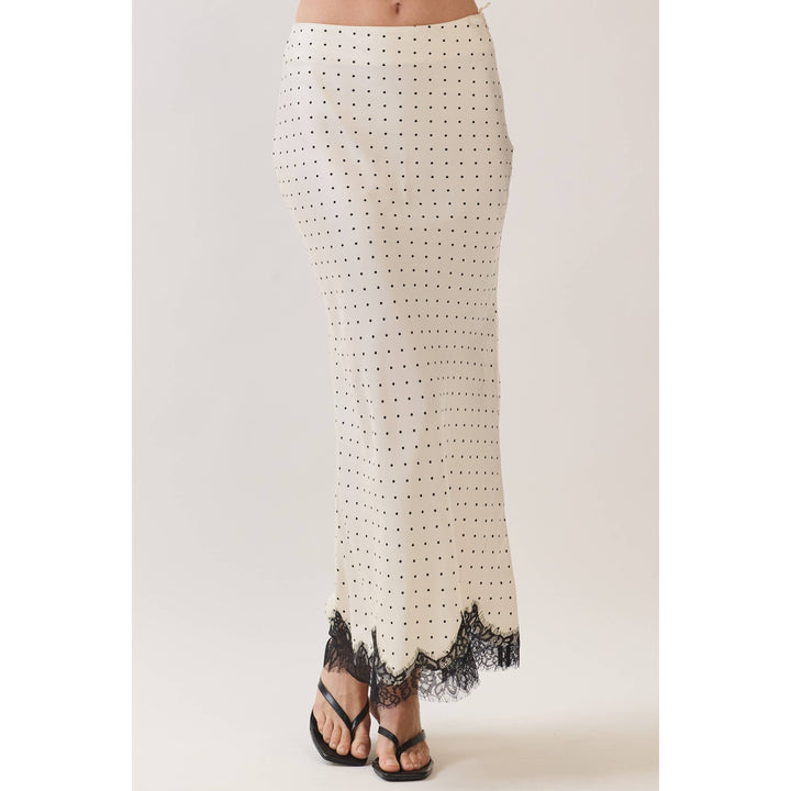 Polka Dot Satin Lace Trim Maxi Skirt in Off white