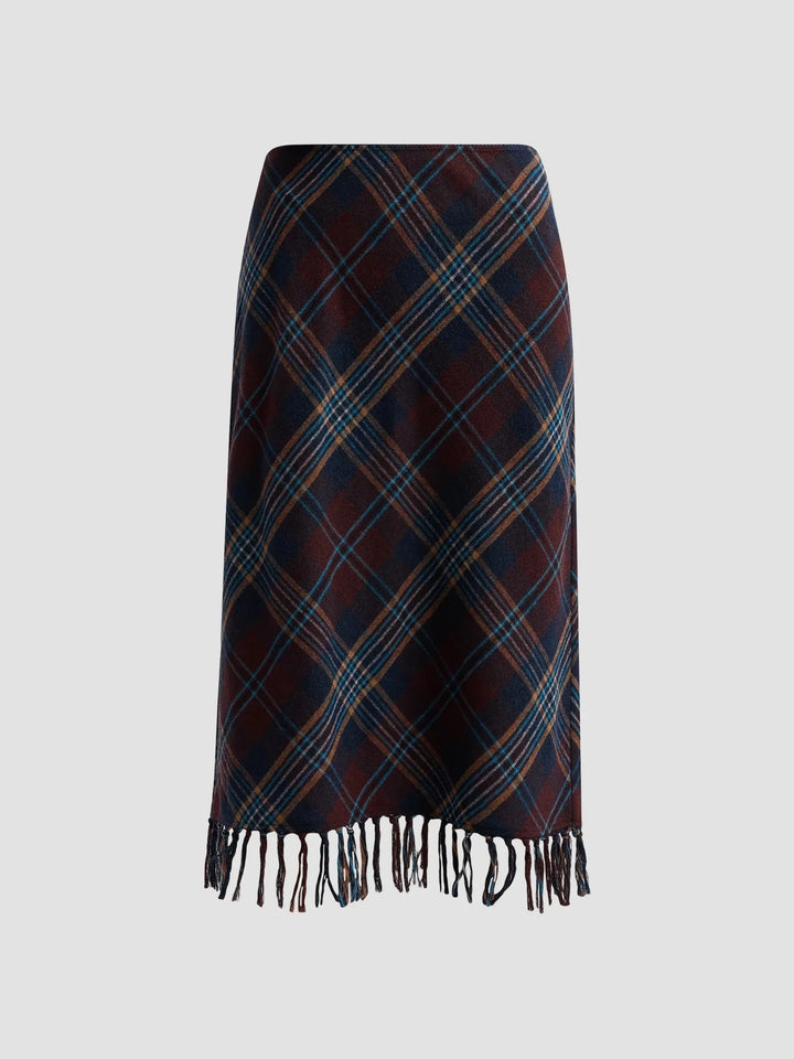 Elowette Knotted Fringe Skirt in Plaid - obligato