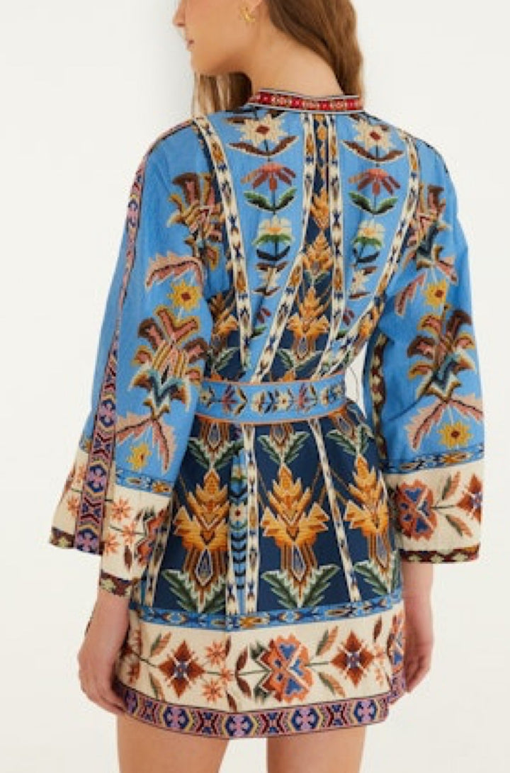 Embroidered Tapestry Blue Mini Dress - obligato