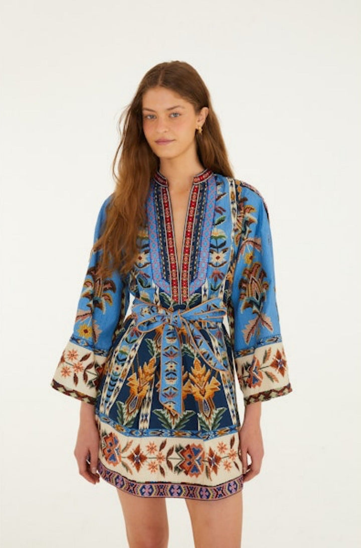 Embroidered Tapestry Blue Mini Dress - obligato