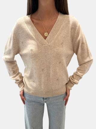 Embroidery Palm V Neck Sweater - obligato