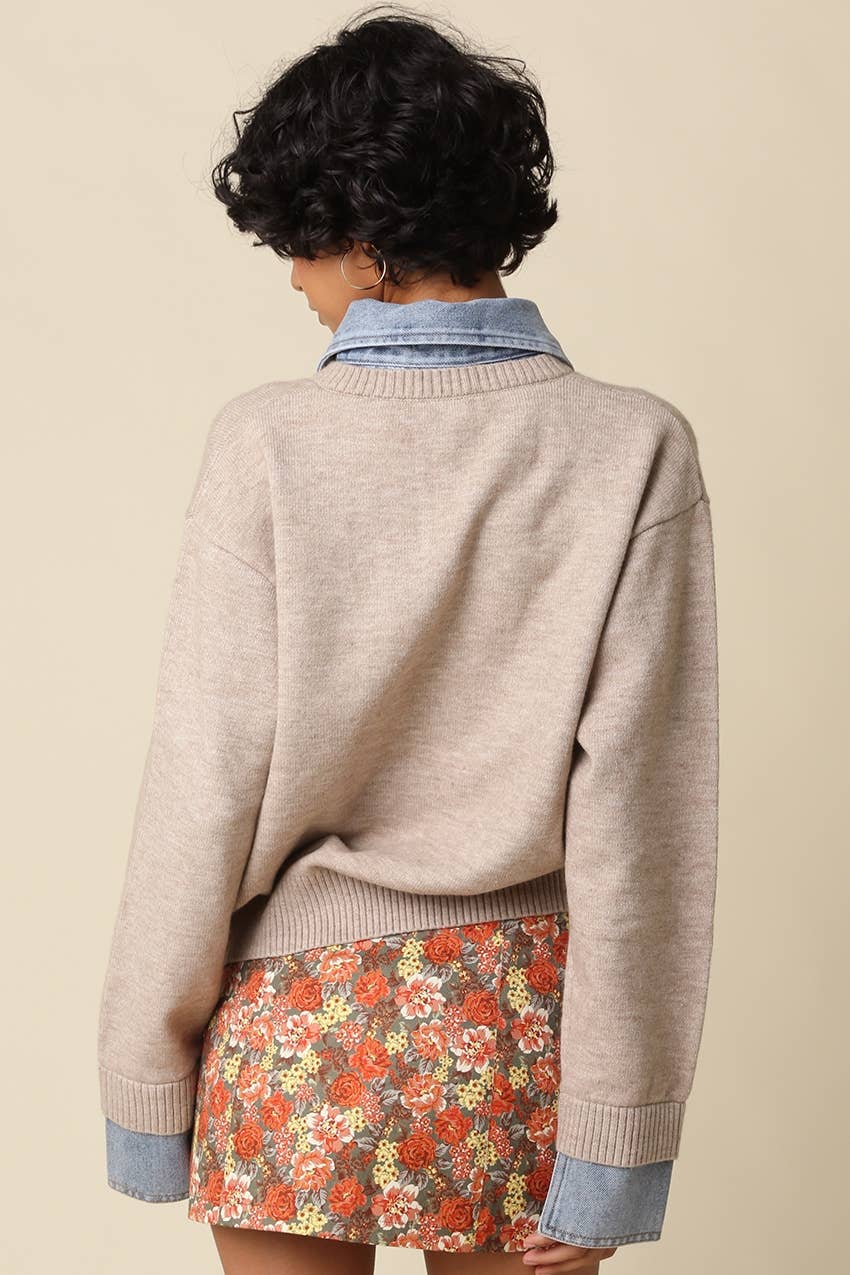 Emely Contrast Knit Sweater: KHAKI LT DENIM / L - obligato