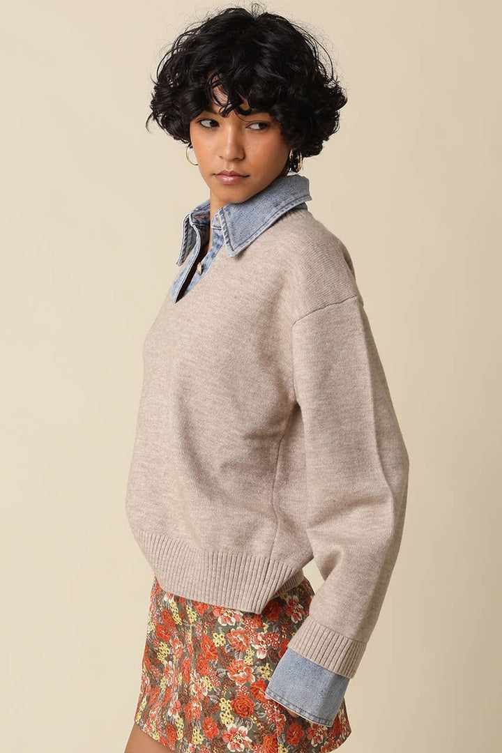 Emely Contrast Knit Sweater: KHAKI LT DENIM / L - obligato
