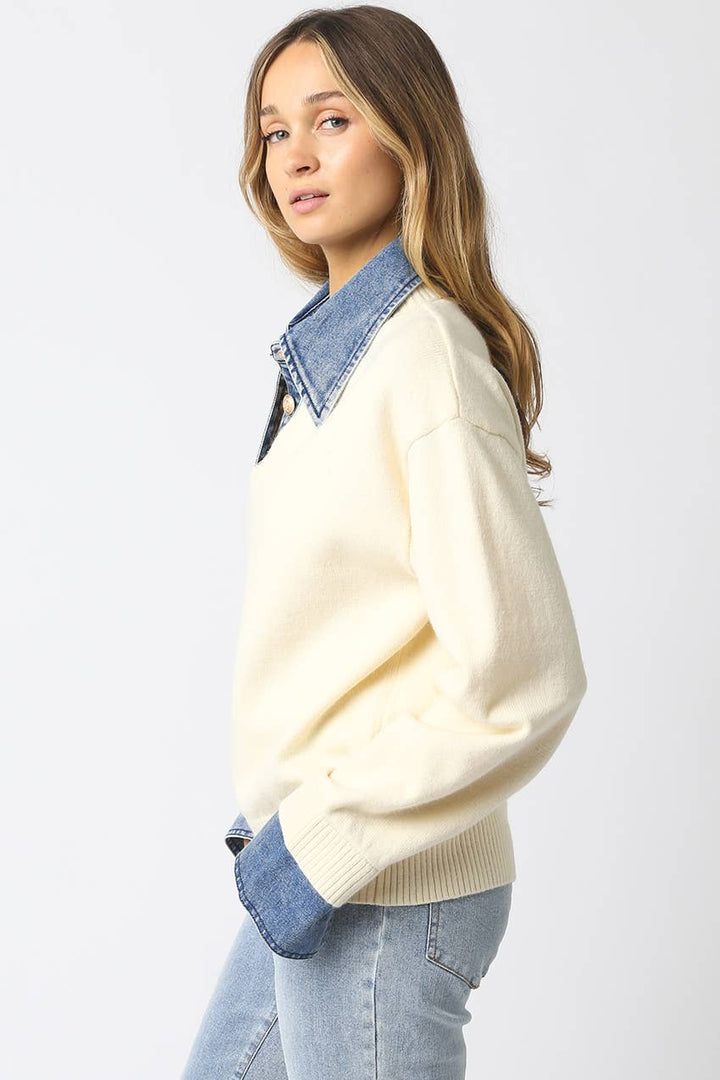 Emely Contrast Knit Sweater: KHAKI LT DENIM / M - obligato