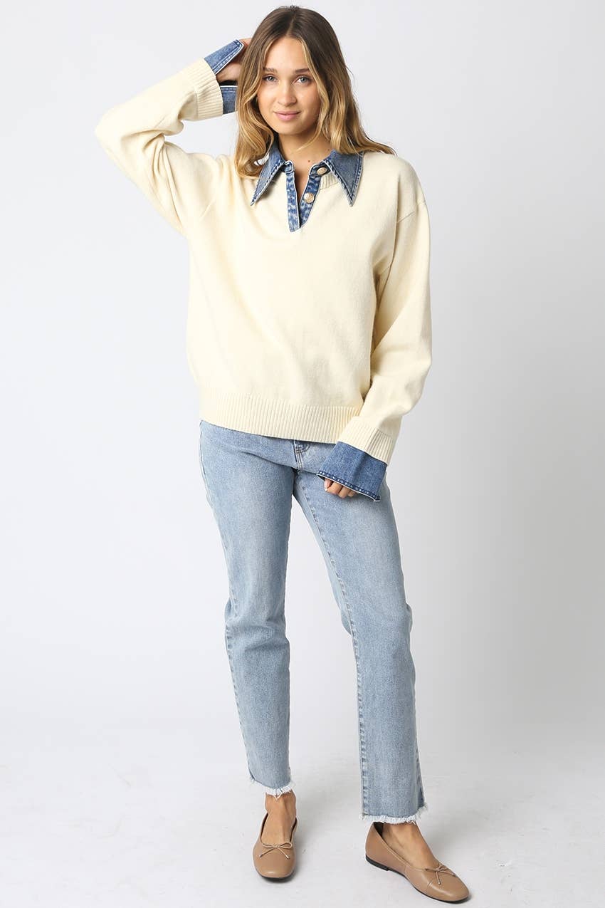 Emely Contrast Knit Sweater: KHAKI LT DENIM / M - obligato