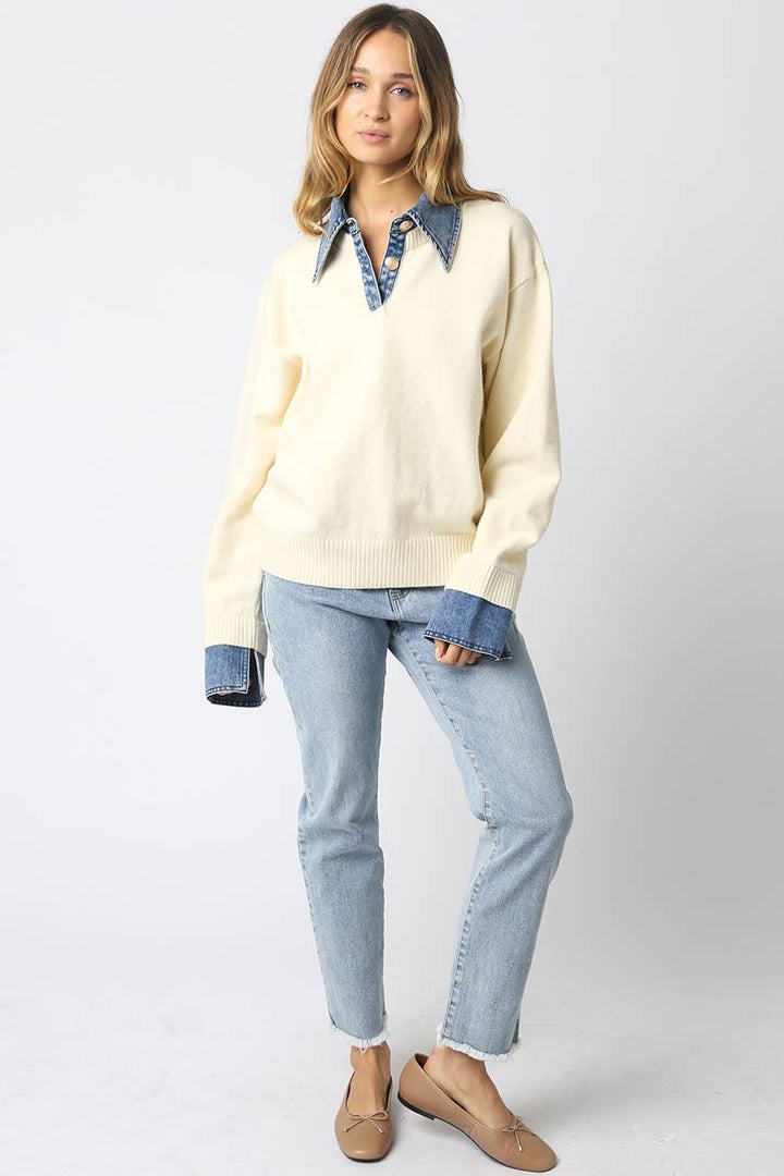 Emely Contrast Knit Sweater: KHAKI LT DENIM / S - obligato