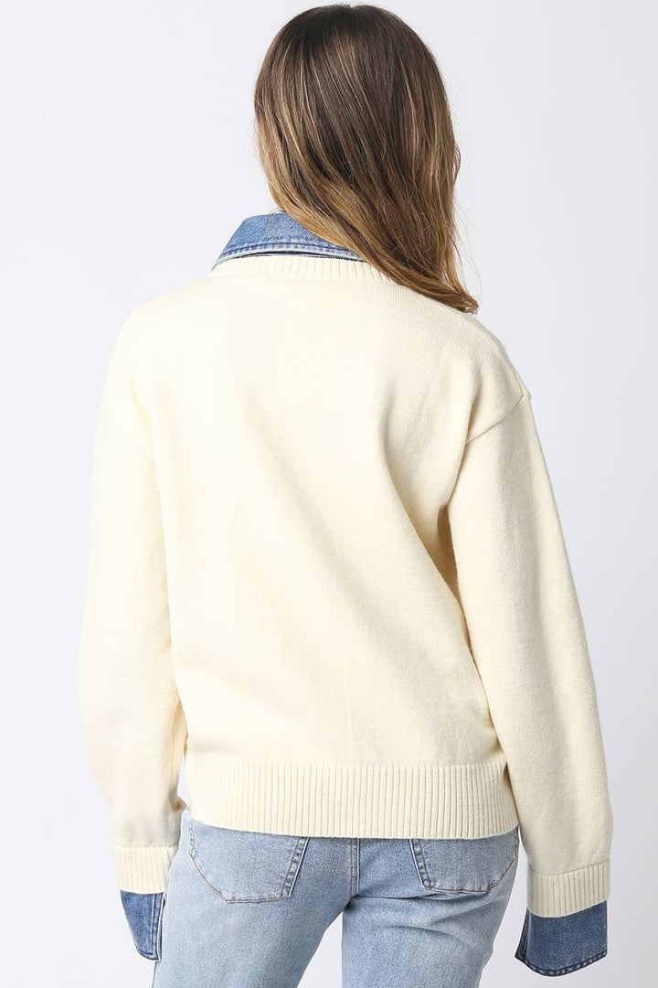 Emely Contrast Knit Sweater: KHAKI LT DENIM / S - obligato