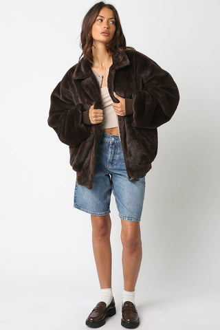 Emmy Faux Far Jacket: Ash Brown / Contemporary / M - obligato