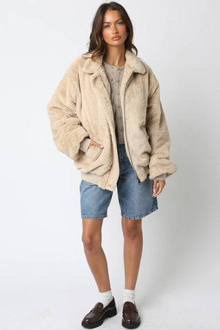 Emmy Faux Far Jacket: Ash Brown / Contemporary / M - obligato