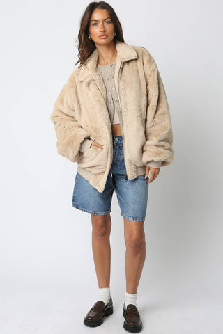 Emmy Faux Far Jacket: Ash Brown / Contemporary / M - obligato