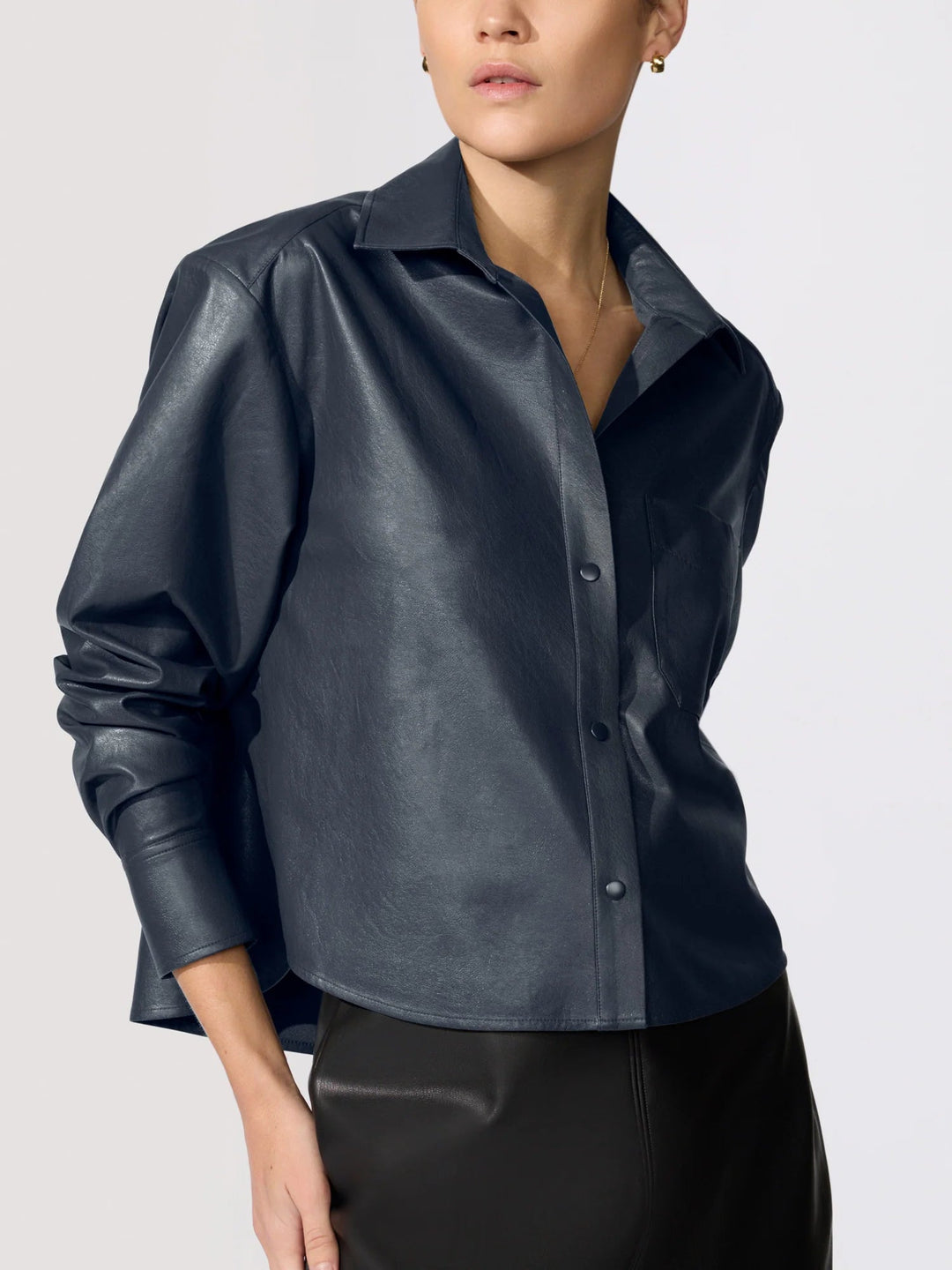 Everyday Cropped Vegan Leather Shirt in Admiral - obligato