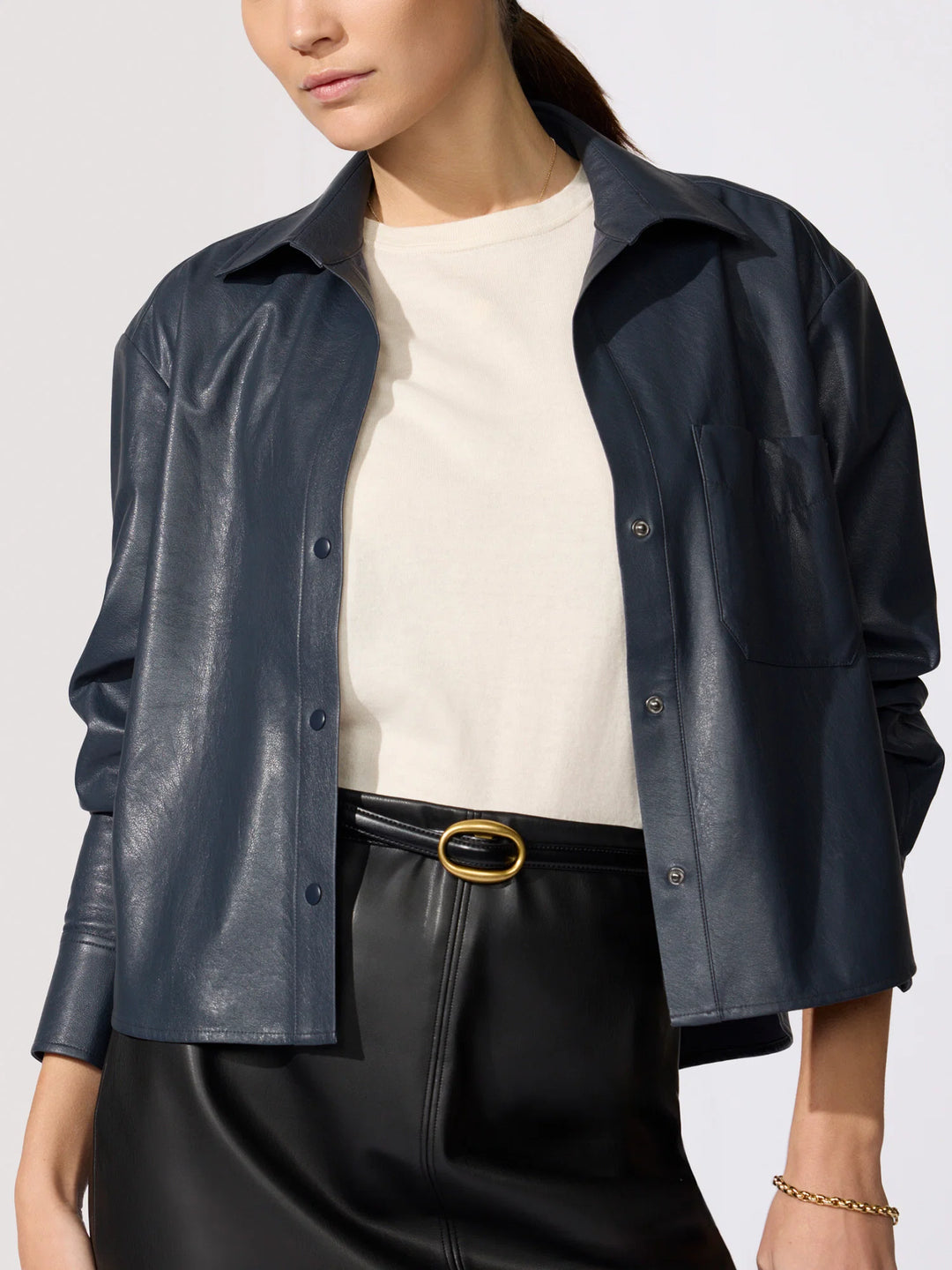 Everyday Cropped Vegan Leather Shirt in Admiral