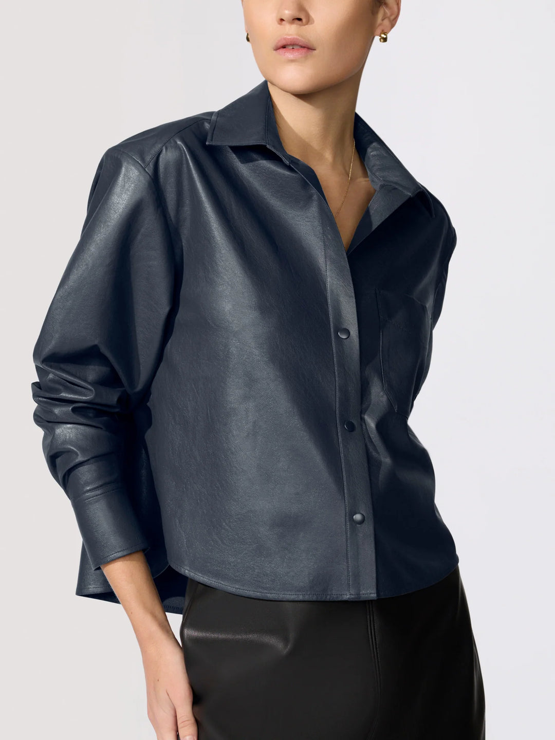 Everyday Cropped Vegan Leather Shirt in Admiral