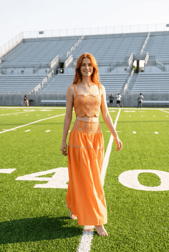 Exclusive Silver Lace Trimmed Top &amp; Skirt Set: ORANGE/SILVER / M - obligato