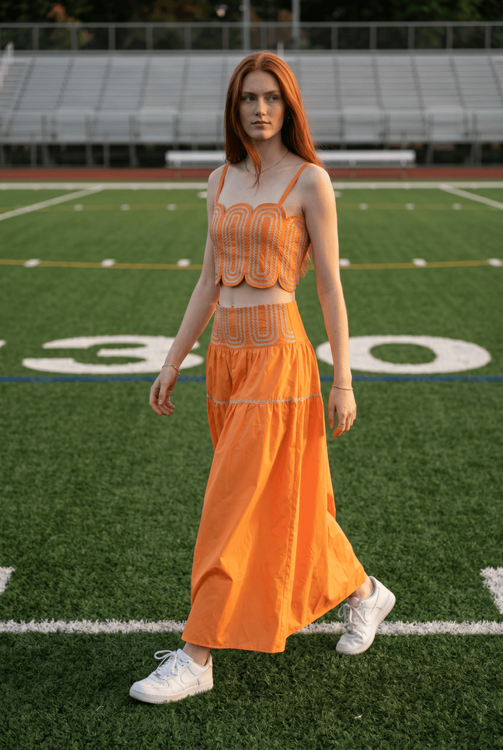 Exclusive Silver Lace Trimmed Top &amp; Skirt Set: ORANGE/SILVER / M - obligato