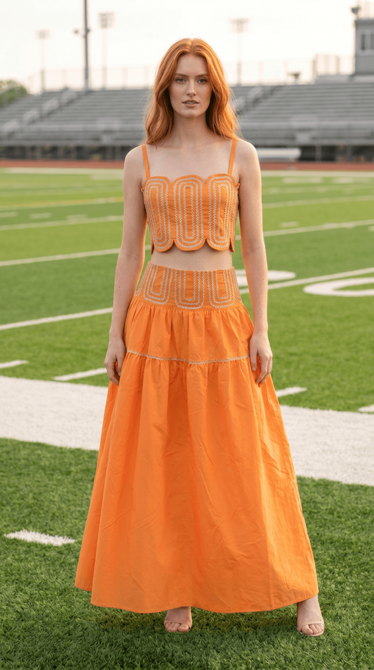 Exclusive Silver Lace Trimmed Top &amp; Skirt Set: ORANGE/SILVER / M - obligato