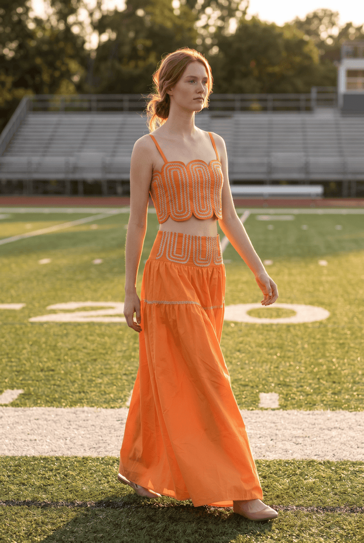 Exclusive Silver Lace Trimmed Top &amp; Skirt Set: ORANGE/SILVER / M - obligato