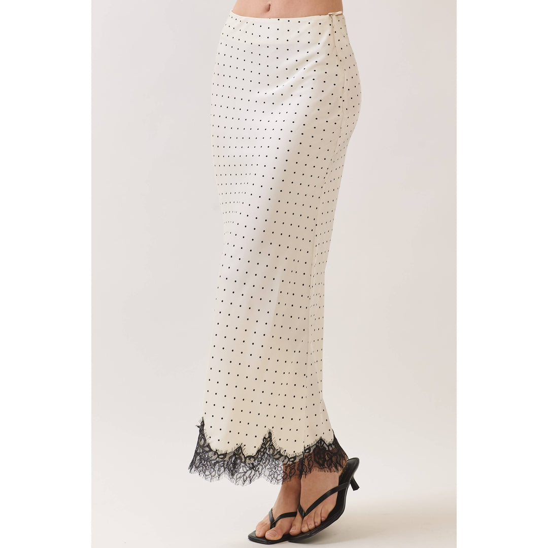 Polka Dot Satin Lace Trim Maxi Skirt in Off white