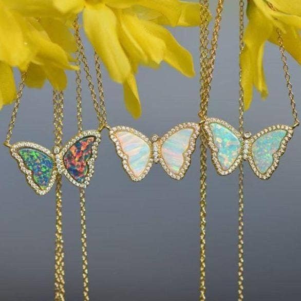 Opal Butterfly Necklace With Crystals: Tangerine Opal / Gold