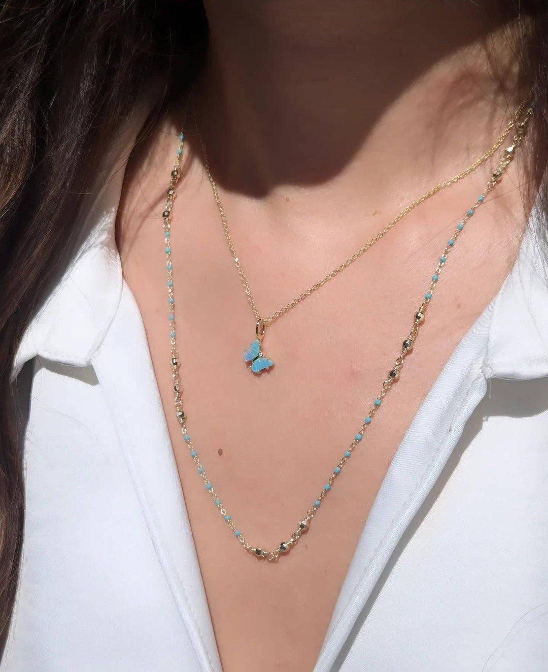 Enamel Beaded Chain Necklace With Sparkle Beads: White / Gold