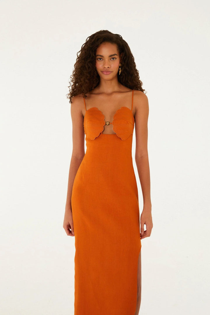Terra Cotta 3d Shells Sleeveless Midi Dress