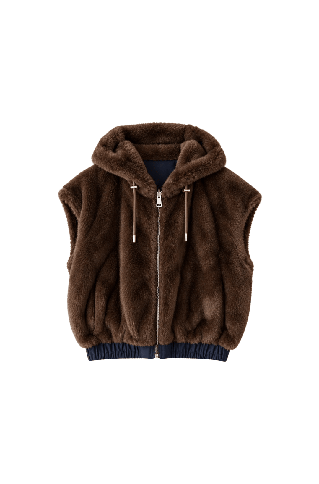 Faux Fur Reversible Vest with Hood in Dark Brown/Navy - obligato