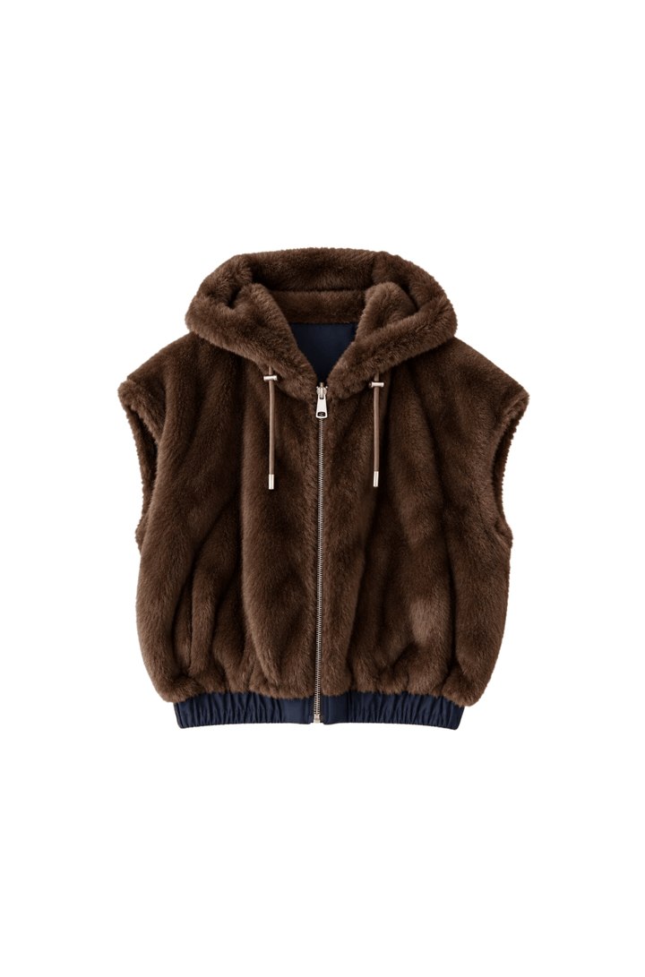 Faux Fur Reversible Vest with Hood in Dark Brown/Navy - obligato