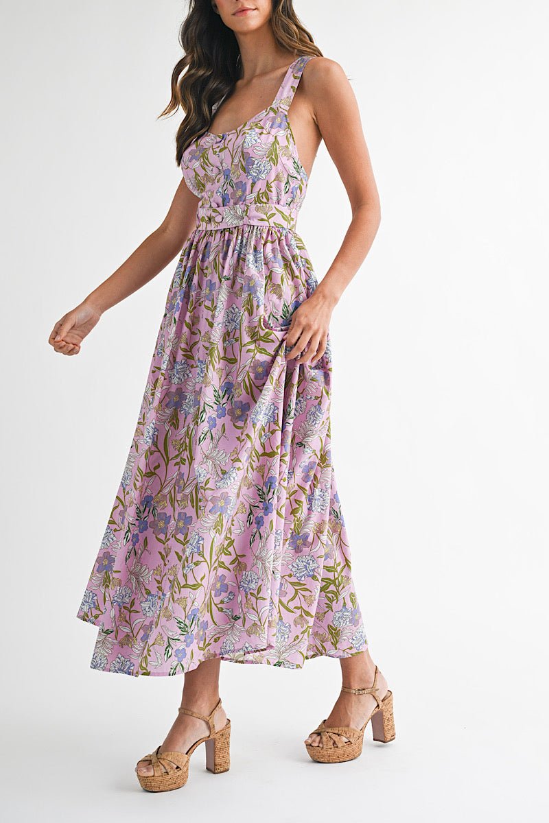 Floral Printed Button Midi Dress in Lavender Floral - obligato