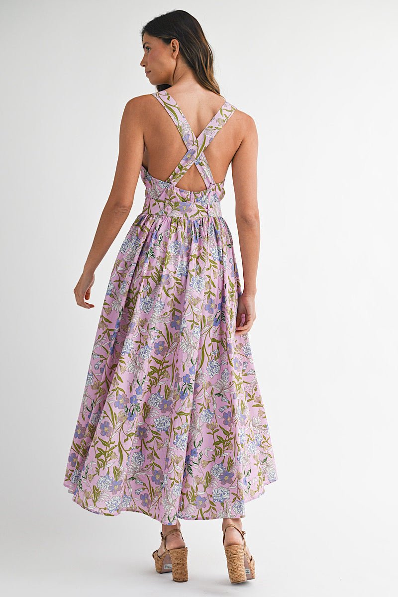 Floral Printed Button Midi Dress in Lavender Floral - obligato