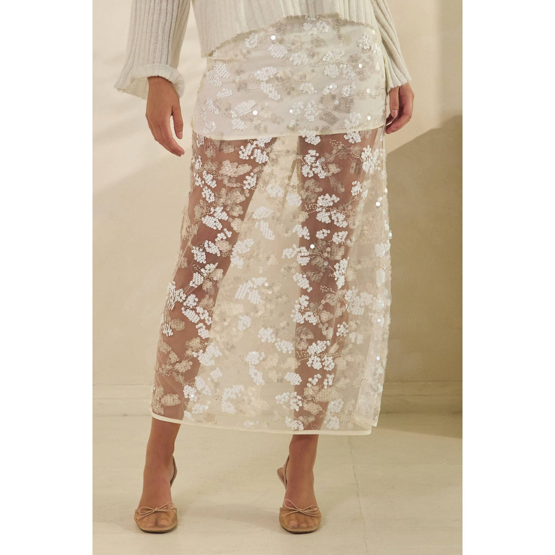 Floral Sequin Mesh Maxi Skirt in White - obligato