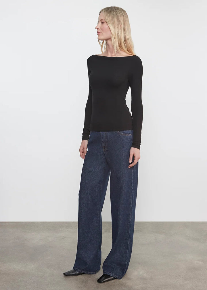 Fluid Silk Rib Boatneck Top in Black - obligato