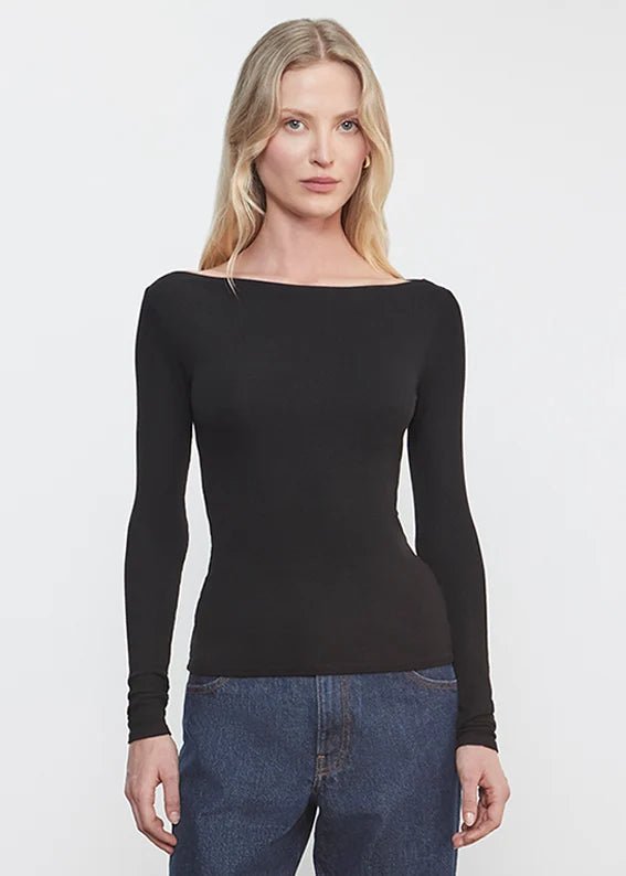 Fluid Silk Rib Boatneck Top in Black - obligato