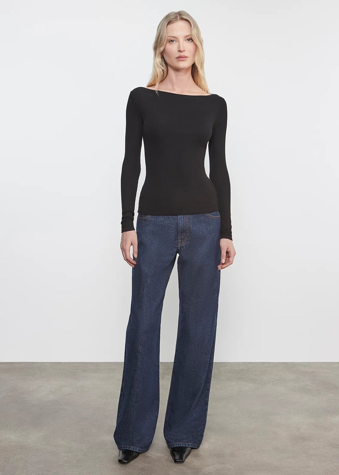 Fluid Silk Rib Boatneck Top in Black - obligato