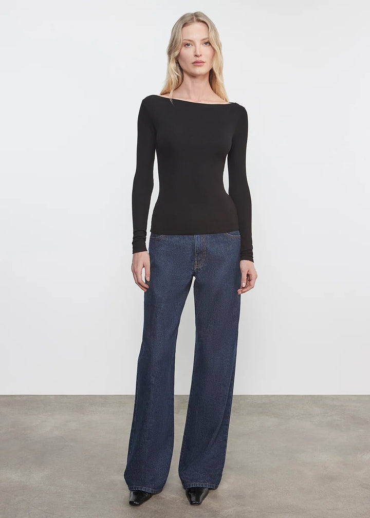 Fluid Silk Rib Boatneck Top in Black - obligato