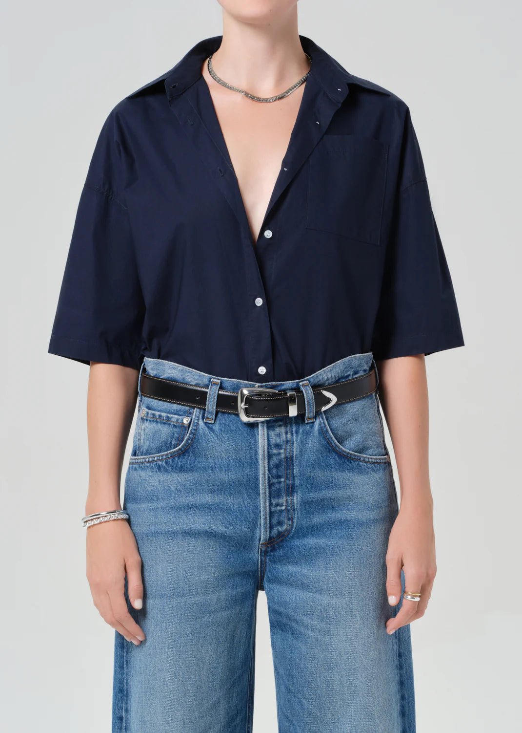 Frances Cropped Cape Button Up in Navy - obligato