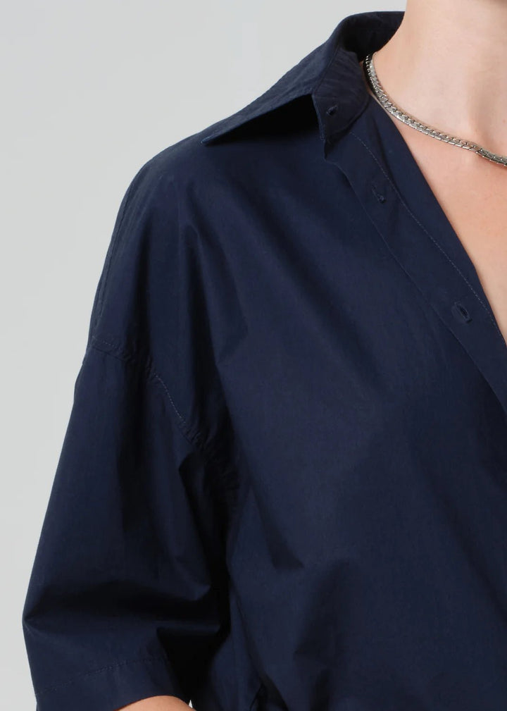 Frances Cropped Cape Button Up in Navy - obligato