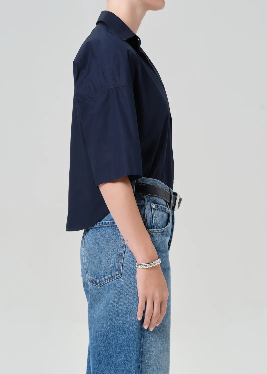 Frances Cropped Cape Button Up in Navy - obligato
