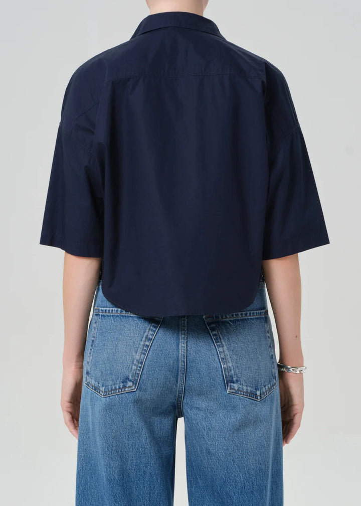 Frances Cropped Cape Button Up in Navy - obligato