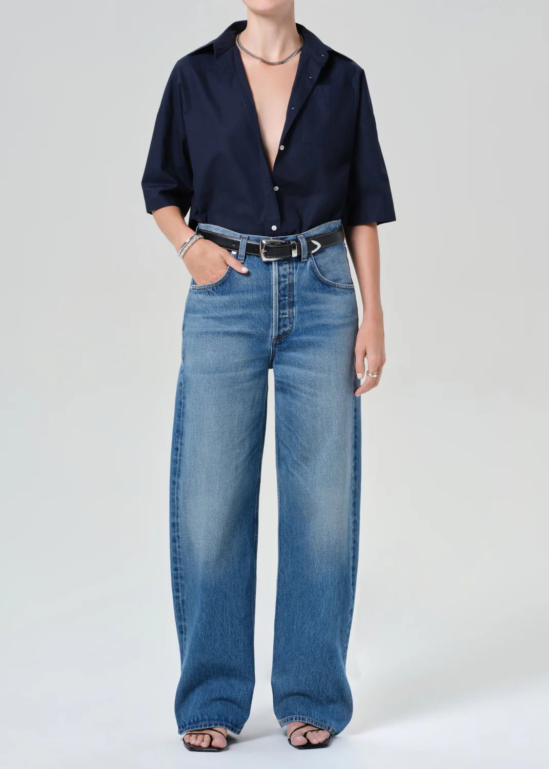 Frances Cropped Cape Button Up in Navy - obligato