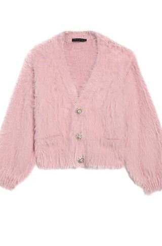 Fuzzy Sweater with Jewel Buttons in Pink - obligato