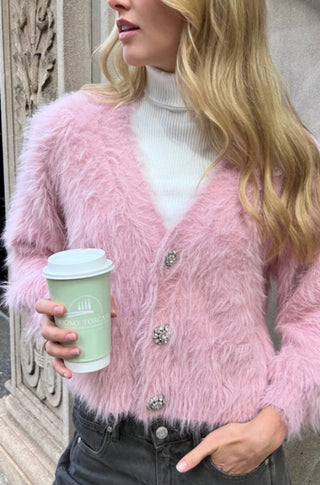 Fuzzy Sweater with Jewel Buttons in Pink - obligato