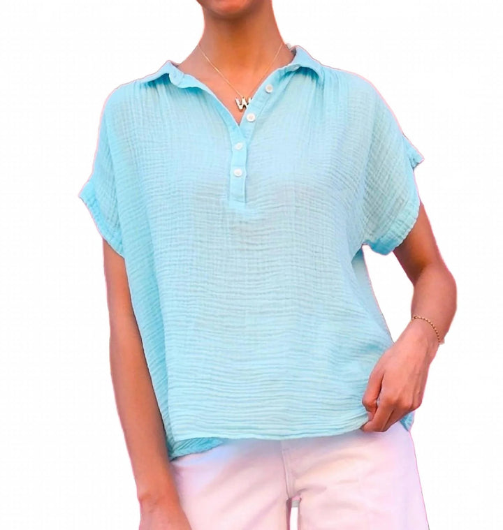 Gauze Short Sleeve Henley Blouse in Sea Glass - obligato