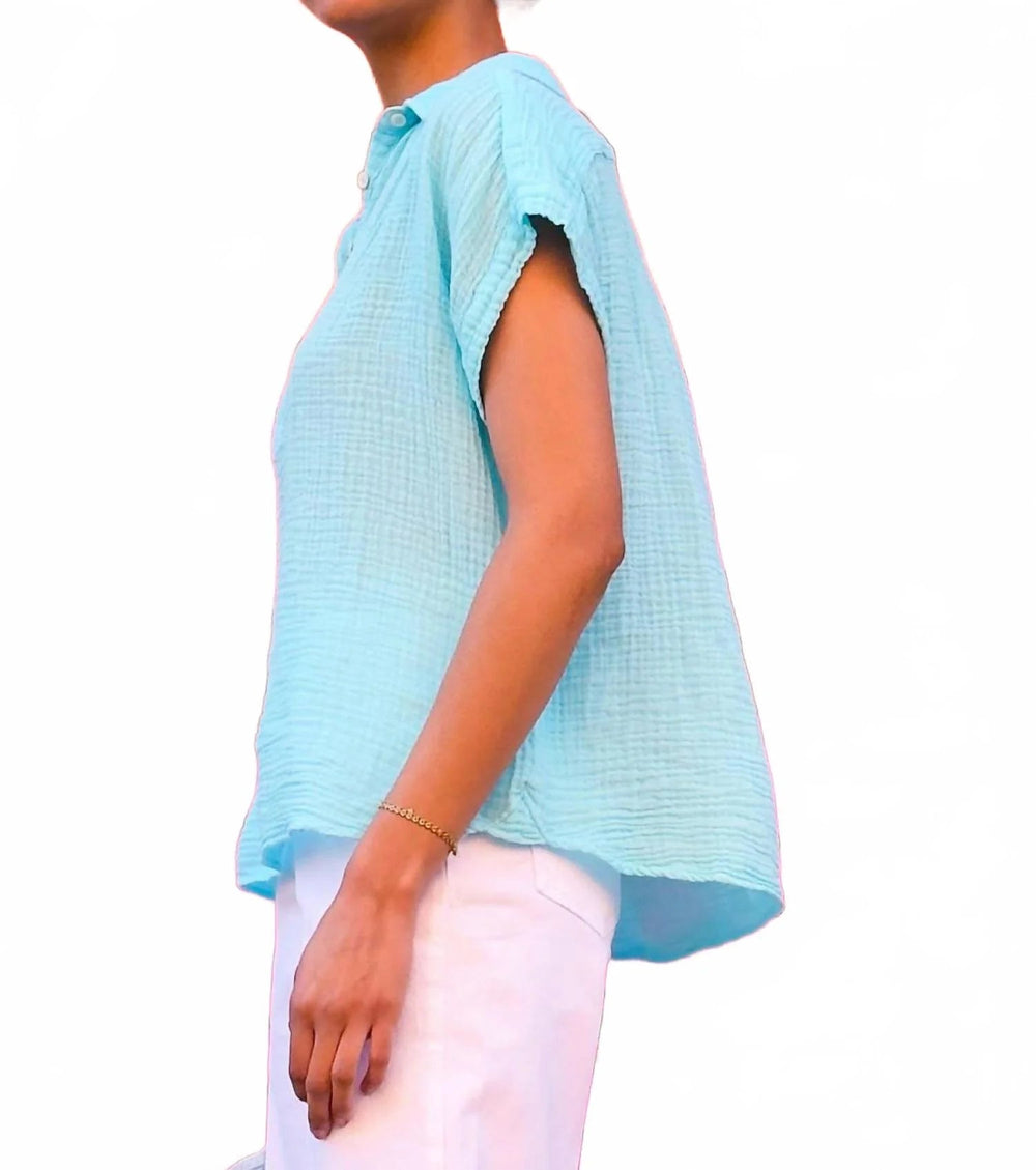 Gauze Short Sleeve Henley Blouse in Sea Glass - obligato