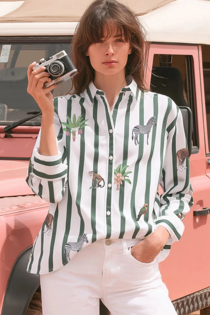 Green Striped Jungle Animals Shirt - obligato