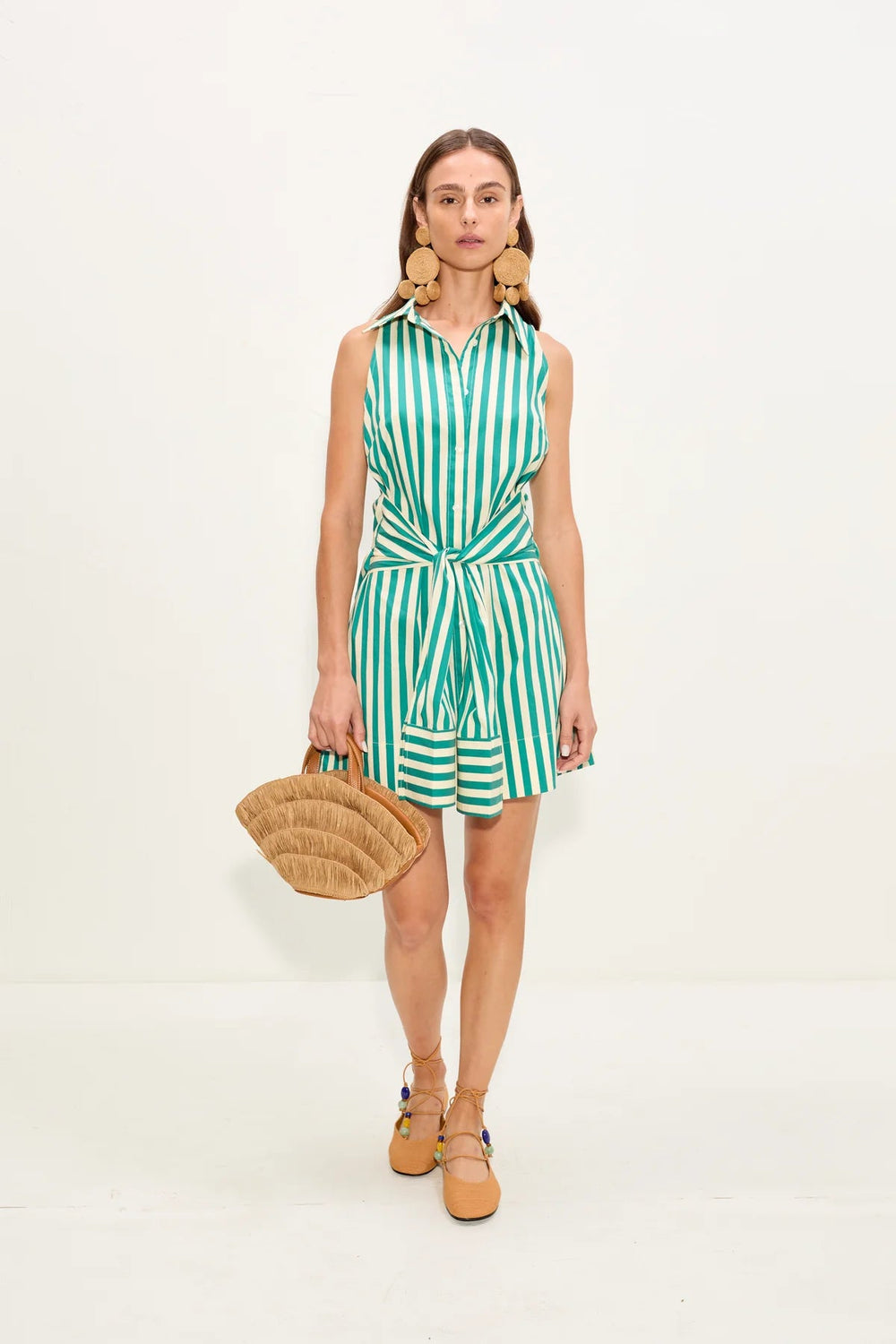 Inna Sleeveless Poplin Dress in Teal Stripe - obligato