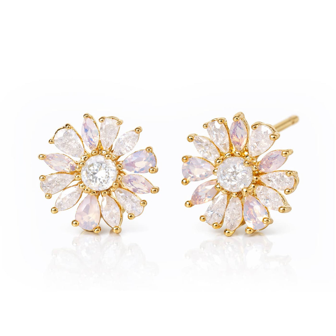 Iridescent Pink CZ Daisy Studs: Gold - obligato