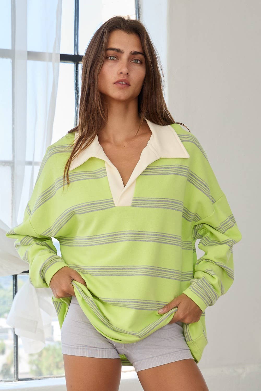 IT2417 Contrast Collared Neck Striped Polo Tunic Top: Peach / S-M-L (2-2-2) - obligato