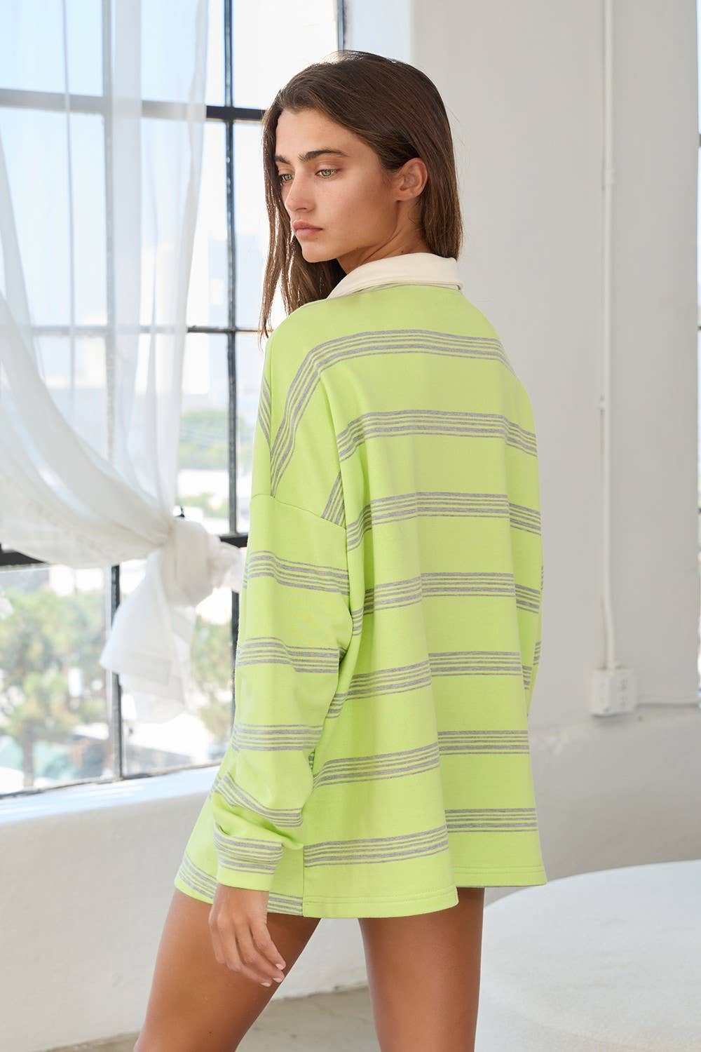 IT2417 Contrast Collared Neck Striped Polo Tunic Top: Peach / S-M-L (2-2-2) - obligato
