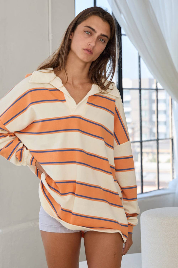 IT2417 Contrast Collared Neck Striped Polo Tunic Top: Peach / S-M-L (2-2-2) - obligato